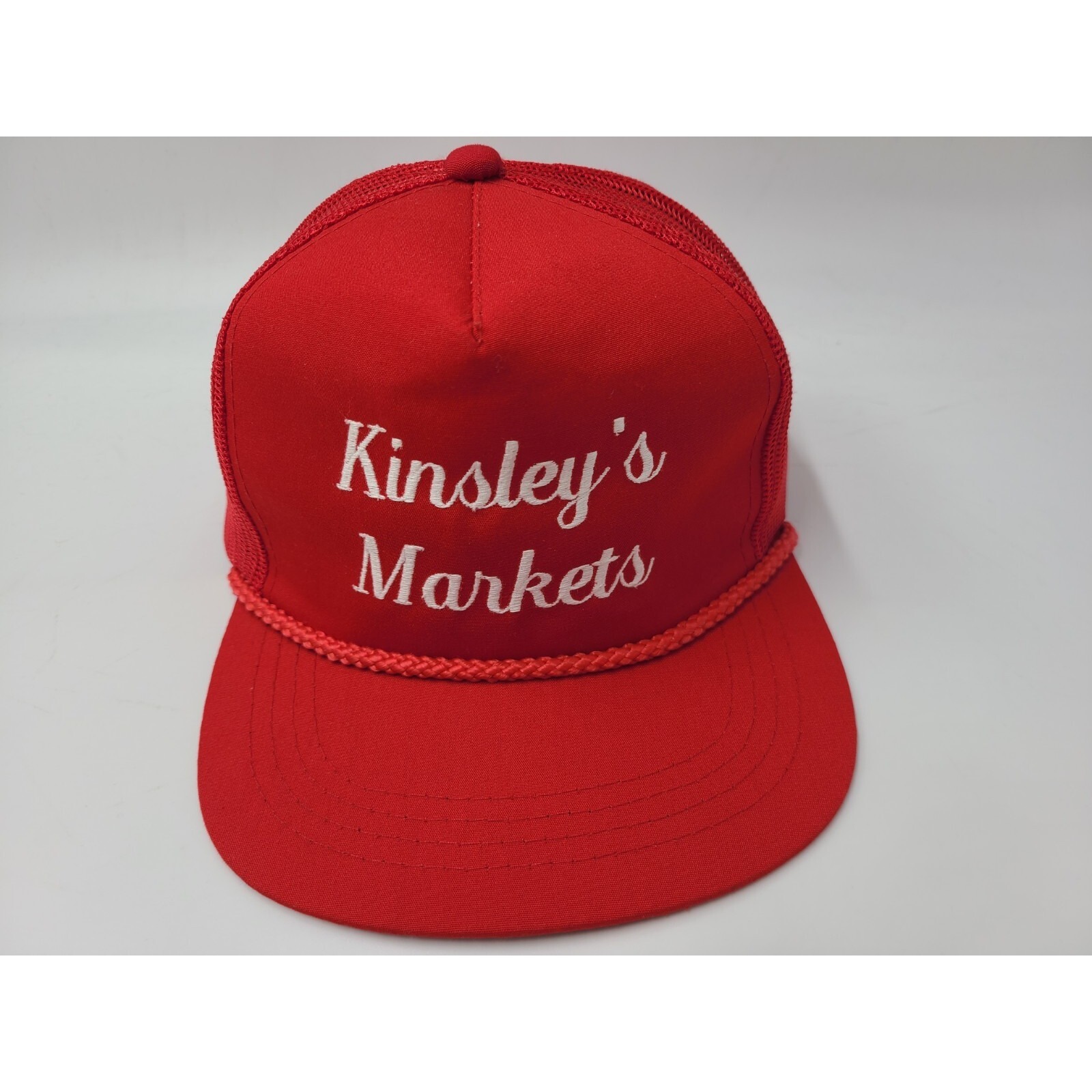 Vintage Kinsleys Markets Script Yupoong Rope Mesh Trucker Snapback Hat Cap Red